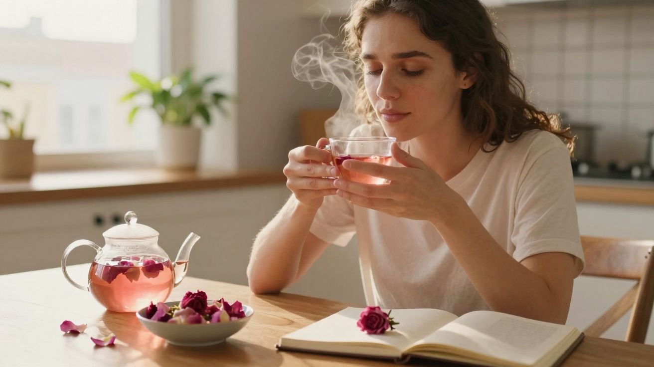 Mulher a cheirar chá quente de flores sentado à mesa com livro aberto num ambiente acolhedor.