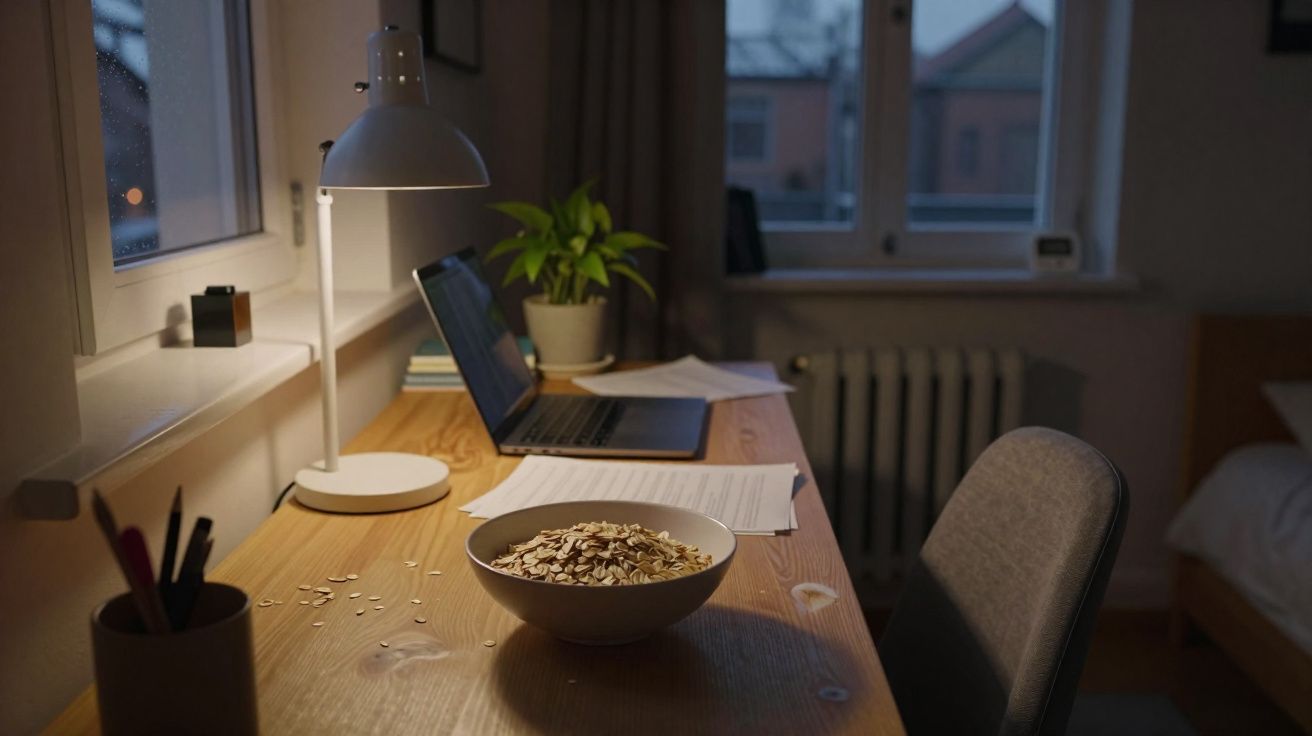 Mesa de trabalho com computador portátil, lâmpada, plantas, documentos e taça de flocos de aveia à noite.