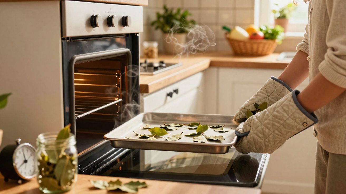Pessoa com luvas a retirar tabuleiro com folhas do forno numa cozinha iluminada e acolhedora.
