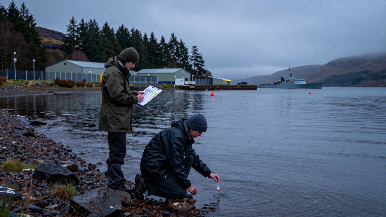 Duas pessoas em roupa de chuva recolhem amostras de água num lago com edifícios e navio militar ao fundo.