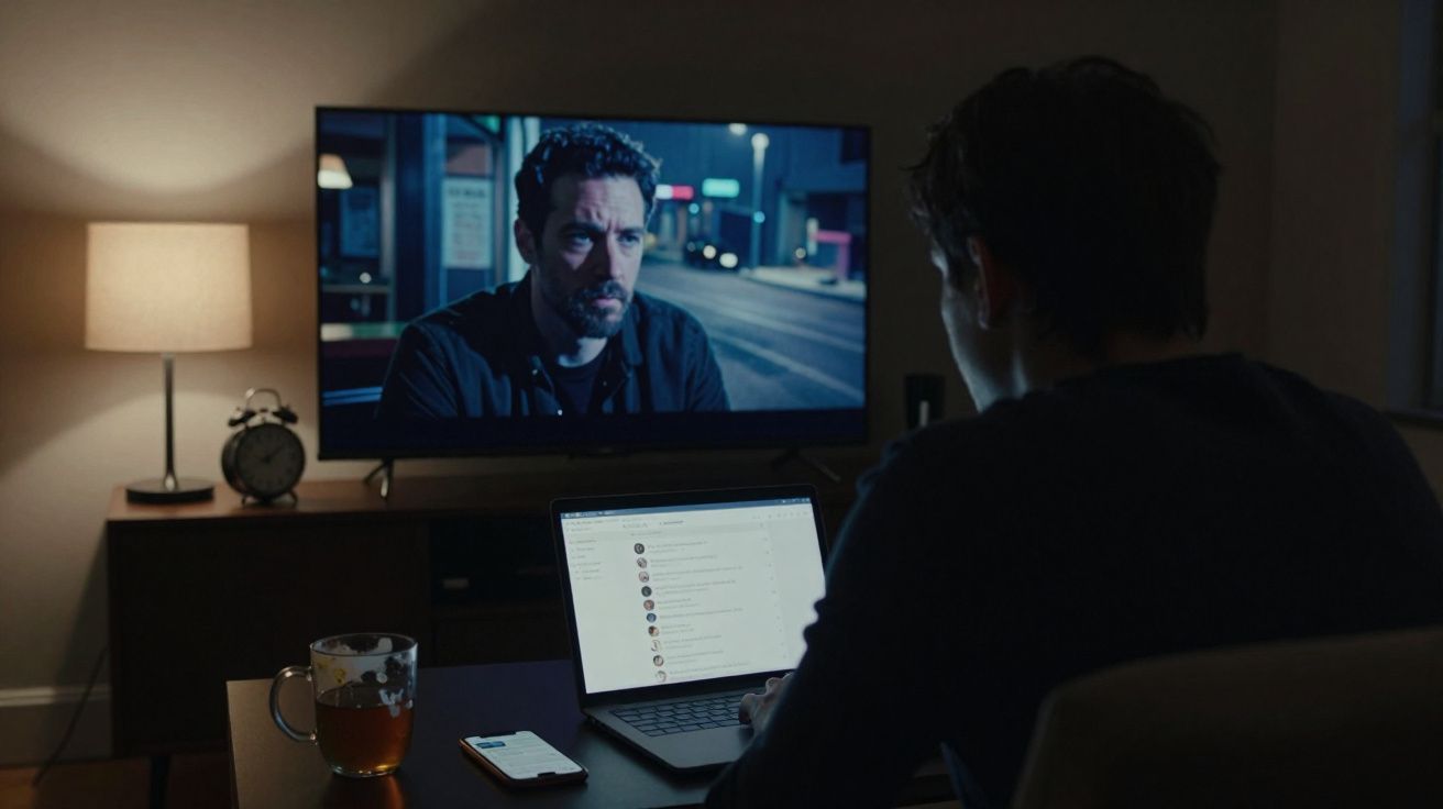 Pessoa sentada com um portátil num quarto escuro, televisão ligada e jarro de chá sobre a mesa.