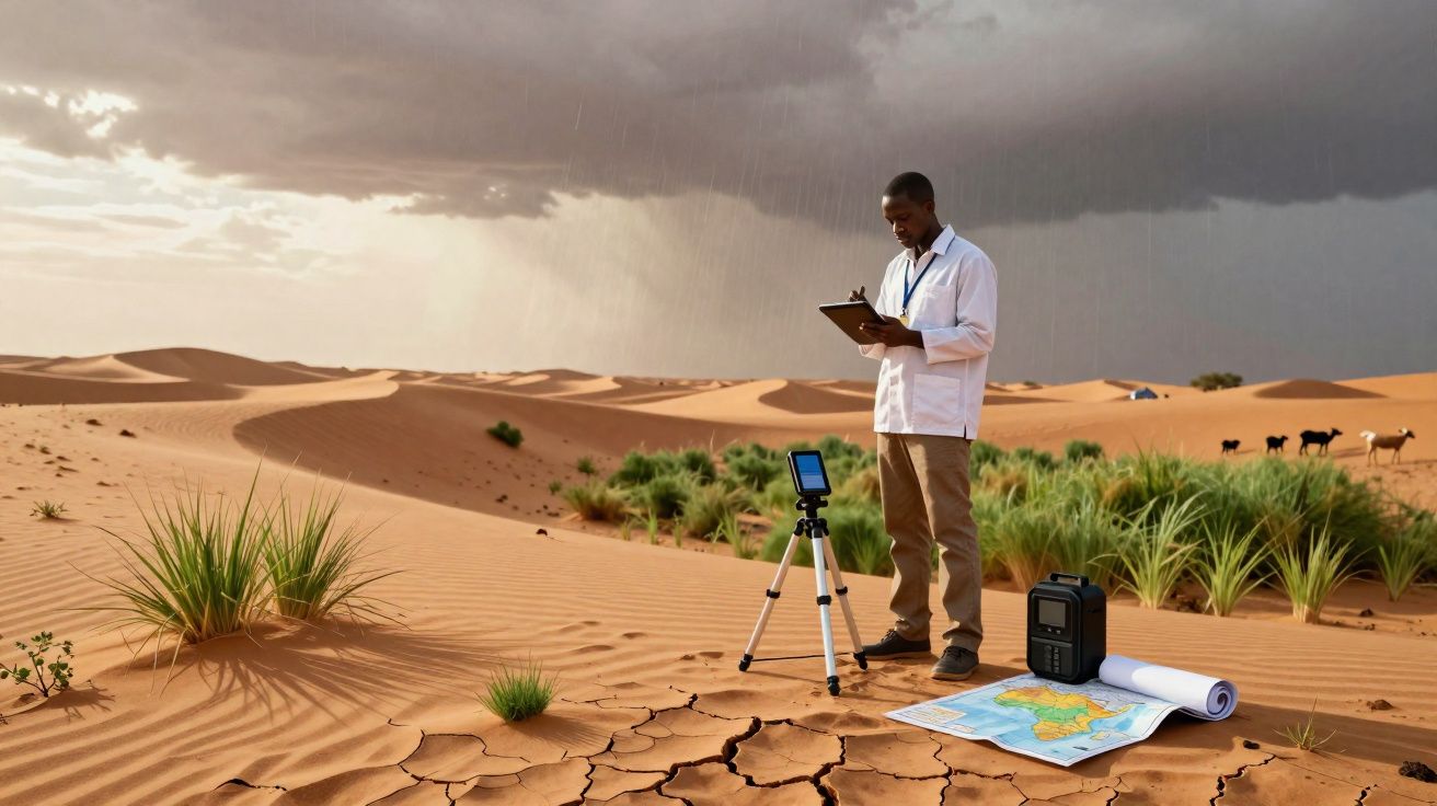 Homem a fazer medições num deserto com equipamento científico, mapa e céu nublado ao fundo.