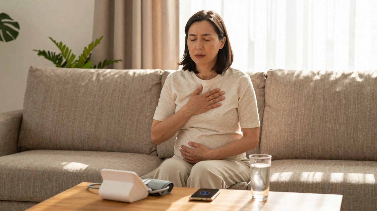 Mulher grávida sentada no sofá, com mão no peito e expressão de desconforto.