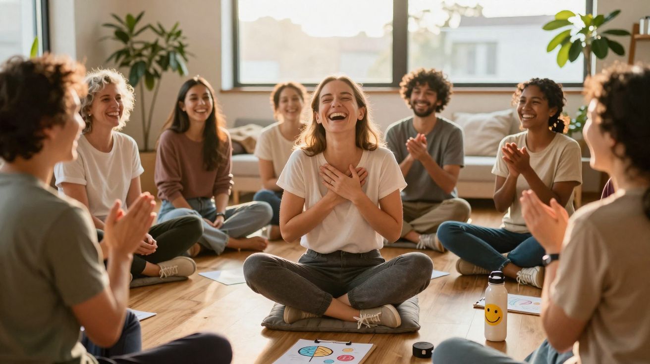 Grupo de pessoas sentadas em círculo no chão, sorrindo e aplaudindo num ambiente acolhedor e luminoso.