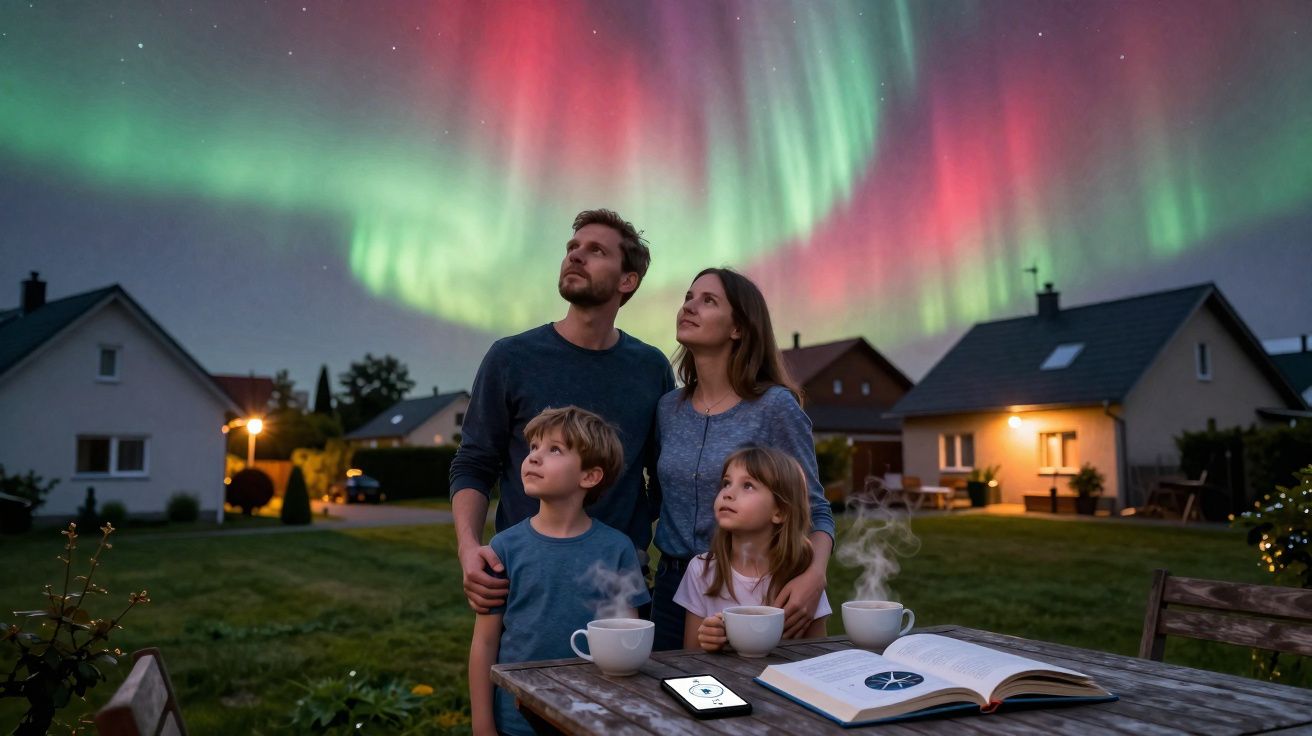 Família observa a aurora boreal brilhante no céu noturno, sentada num jardim com chá e livros.