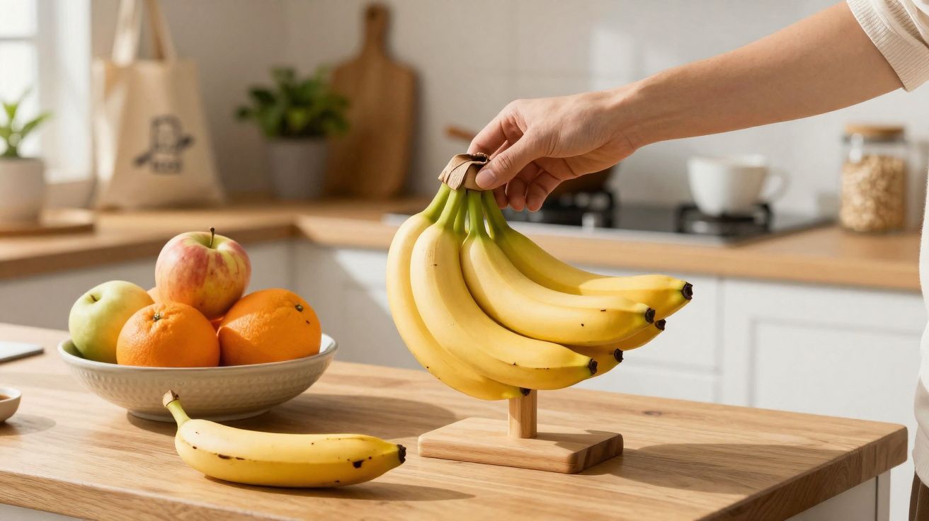 Mão a colocar cachos de bananas num suporte de madeira numa cozinha com taça de frutas ao fundo.