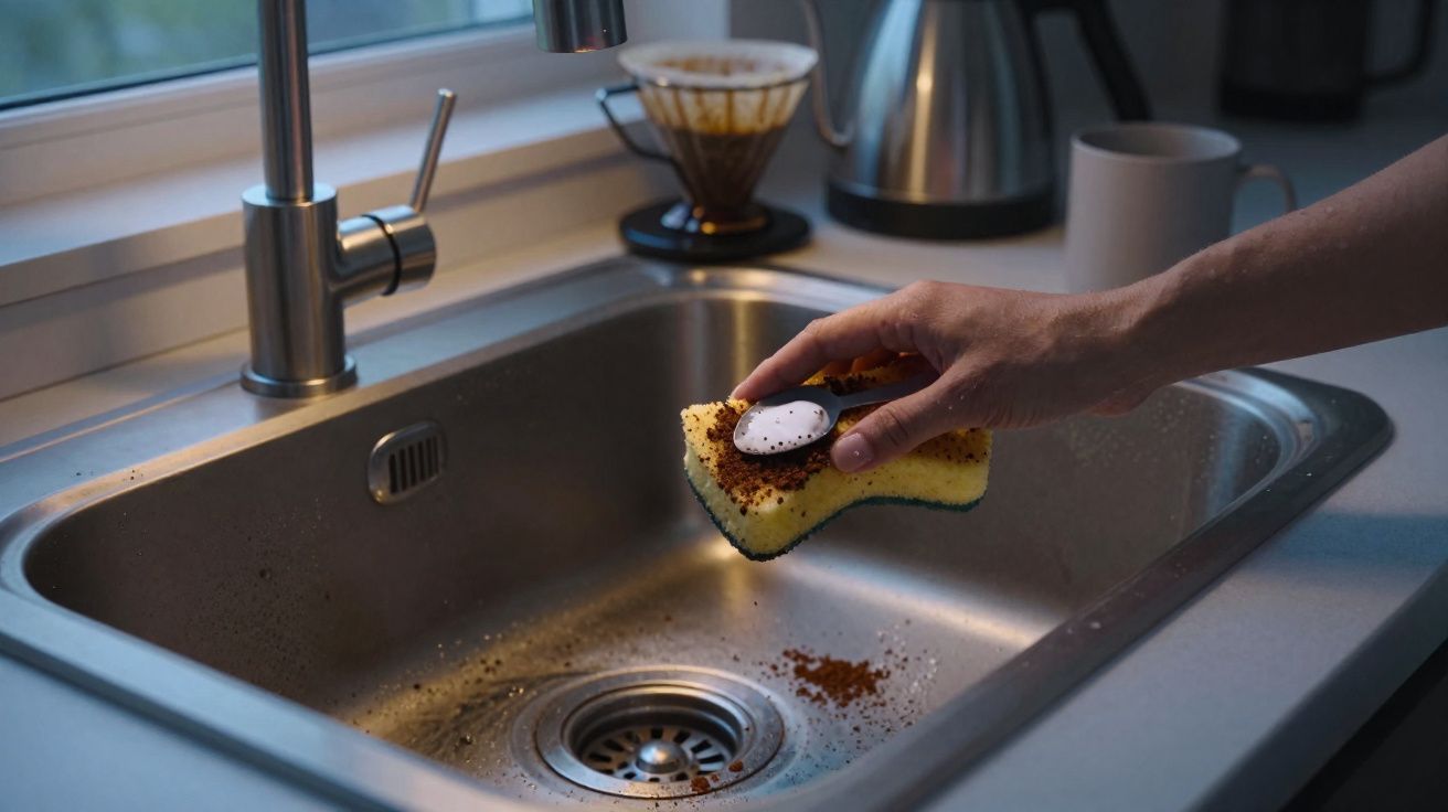 Pessoa a limpar uma pia de inox com uma esponja amarela e restos de café no interior da pia.