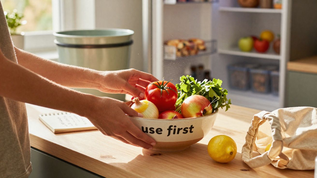 Mãos a pegar numa tigela com tomate, cebola, maçãs e ervas frescas numa cozinha com luz natural.