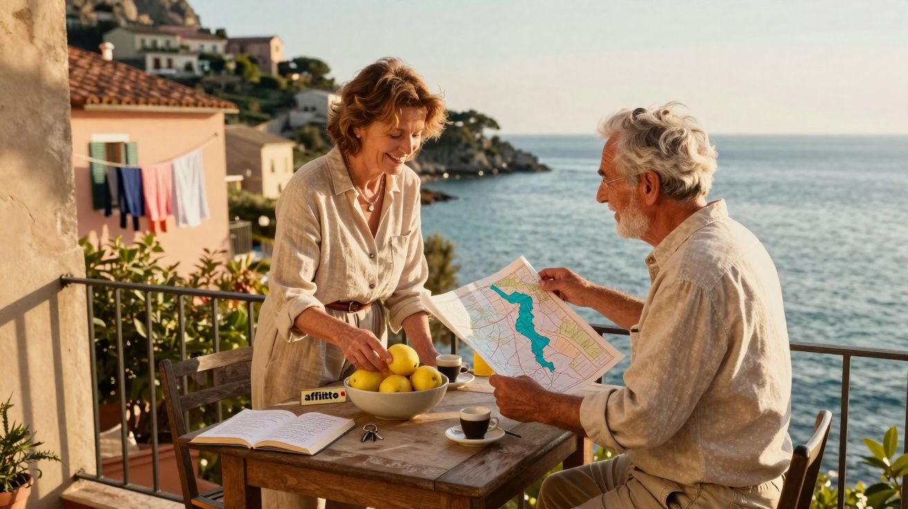 Casal sénior a planear viagem com mapa num terraço com vista para o mar ao entardecer.