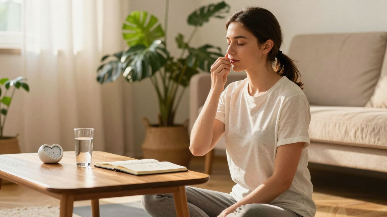 Mulher sentada a meditar em sala iluminada, com planta, livro, copo de água e relógio numa mesa de madeira.