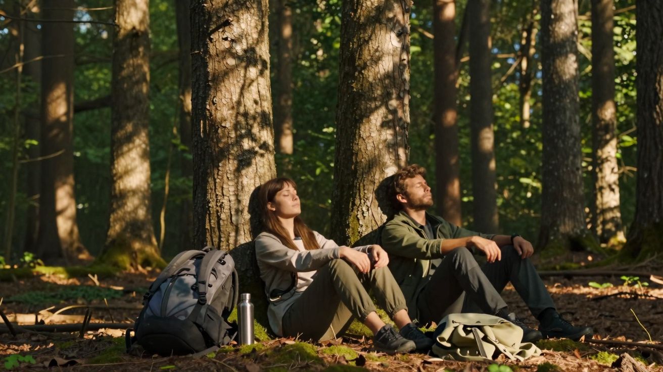Homem e mulher sentados encostados em árvores, relaxando numa floresta com mochilas ao lado.