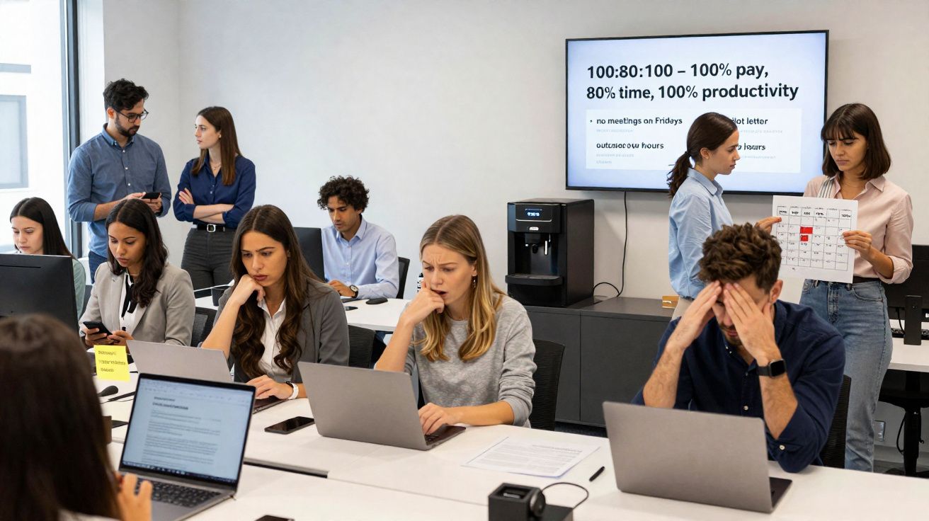 Grupo de pessoas a trabalhar em escritório moderno, algumas concentradas em computadores, outras a discutir planos.