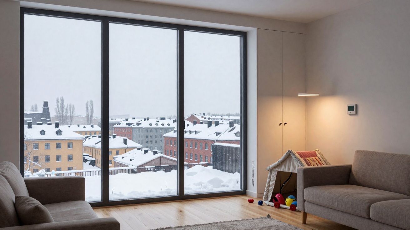 Sala de estar minimalista com grandes janelas, sofás, tenda de brincar e vista para cidade coberta de neve.