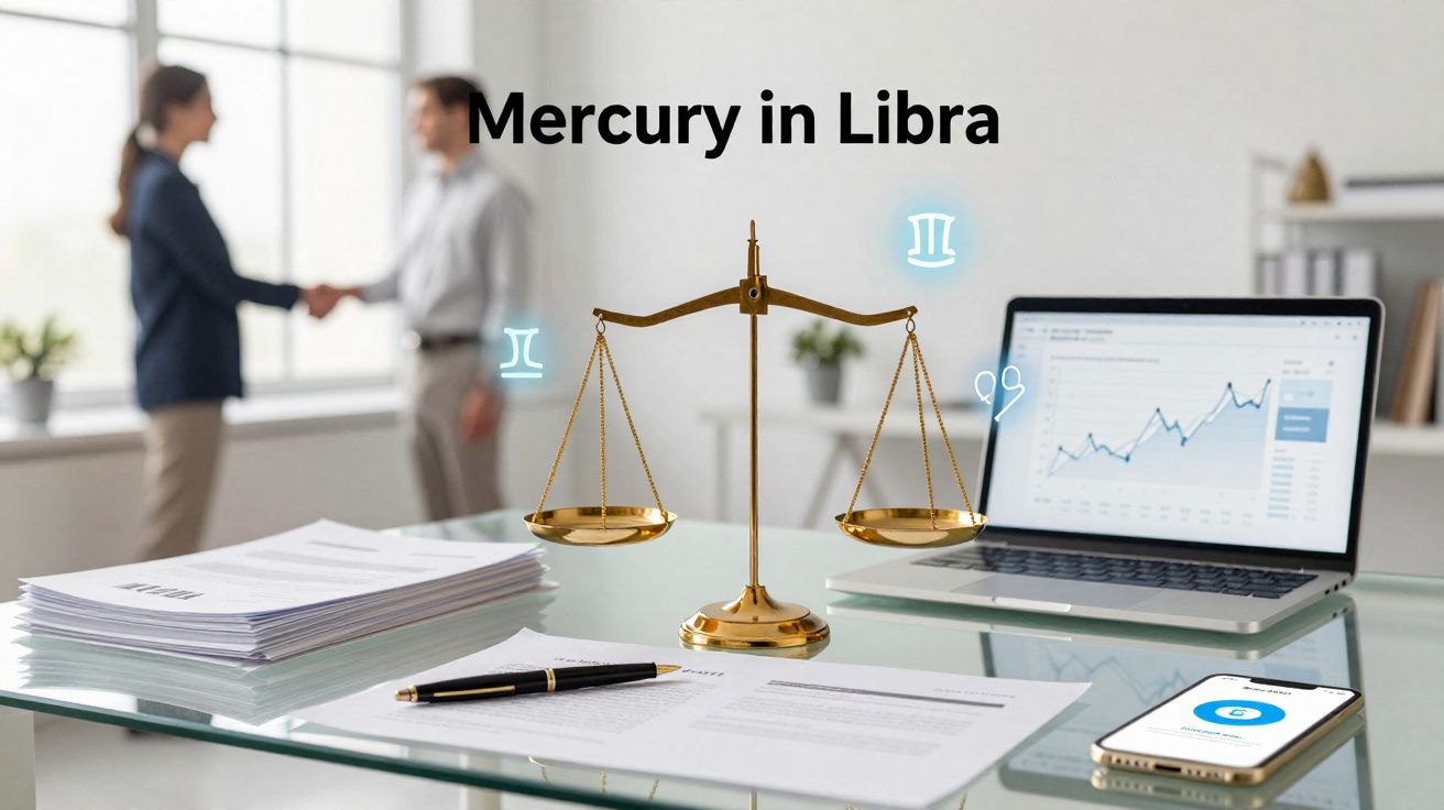 Balança dourada sobre mesa com documentos, laptop com gráfico, telemóvel e duas pessoas a cumprimentar-se ao fundo.