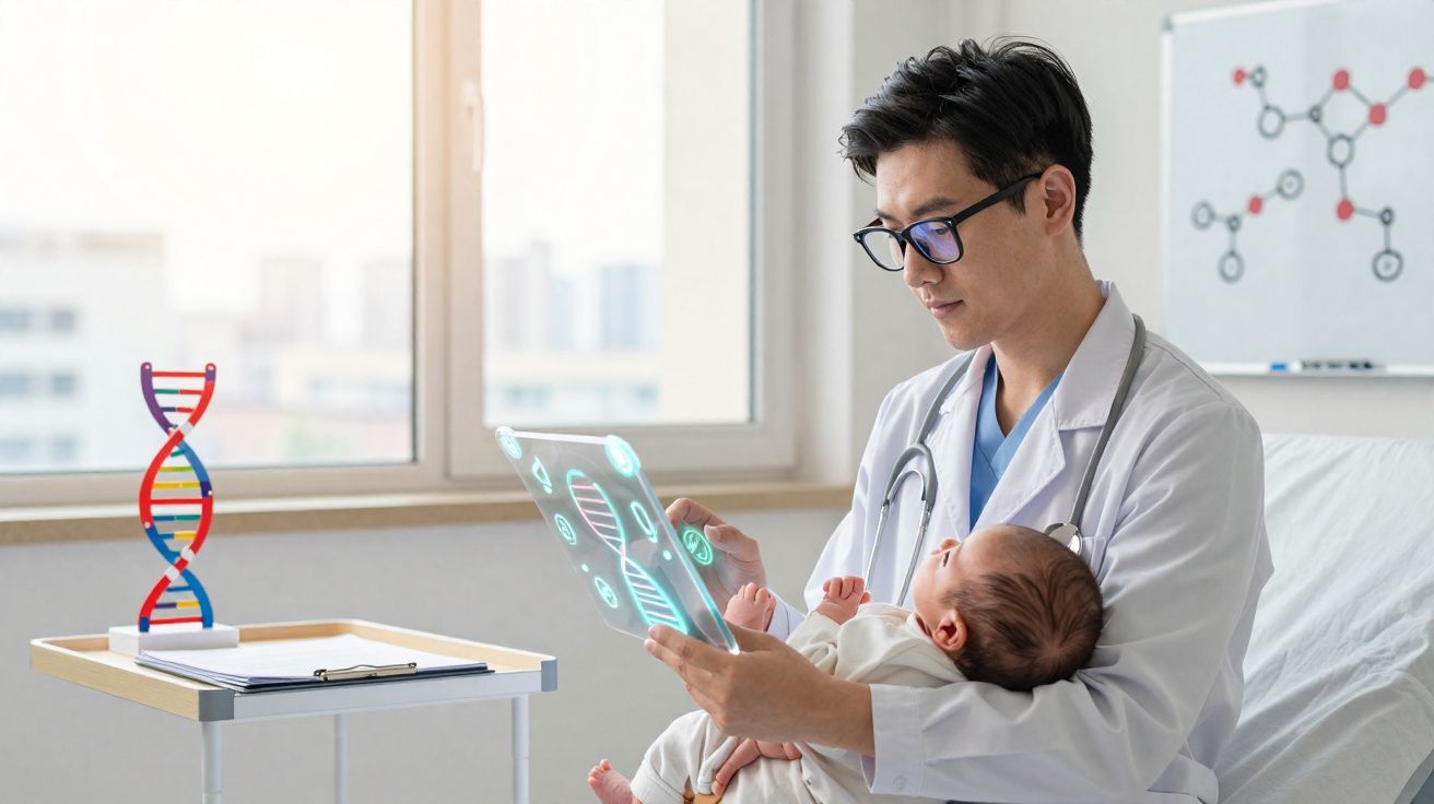 Médico a segurar bebé enquanto analisa tecnologia holográfica com imagens de ADN numa clínica moderna.