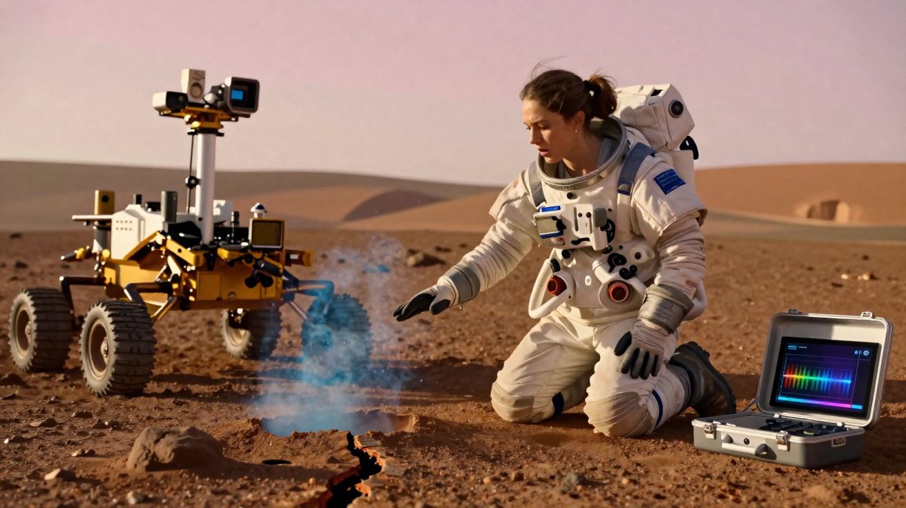 Astronauta em fato espacial examina uma fissura no solo marciano com robô e equipamento ao lado.