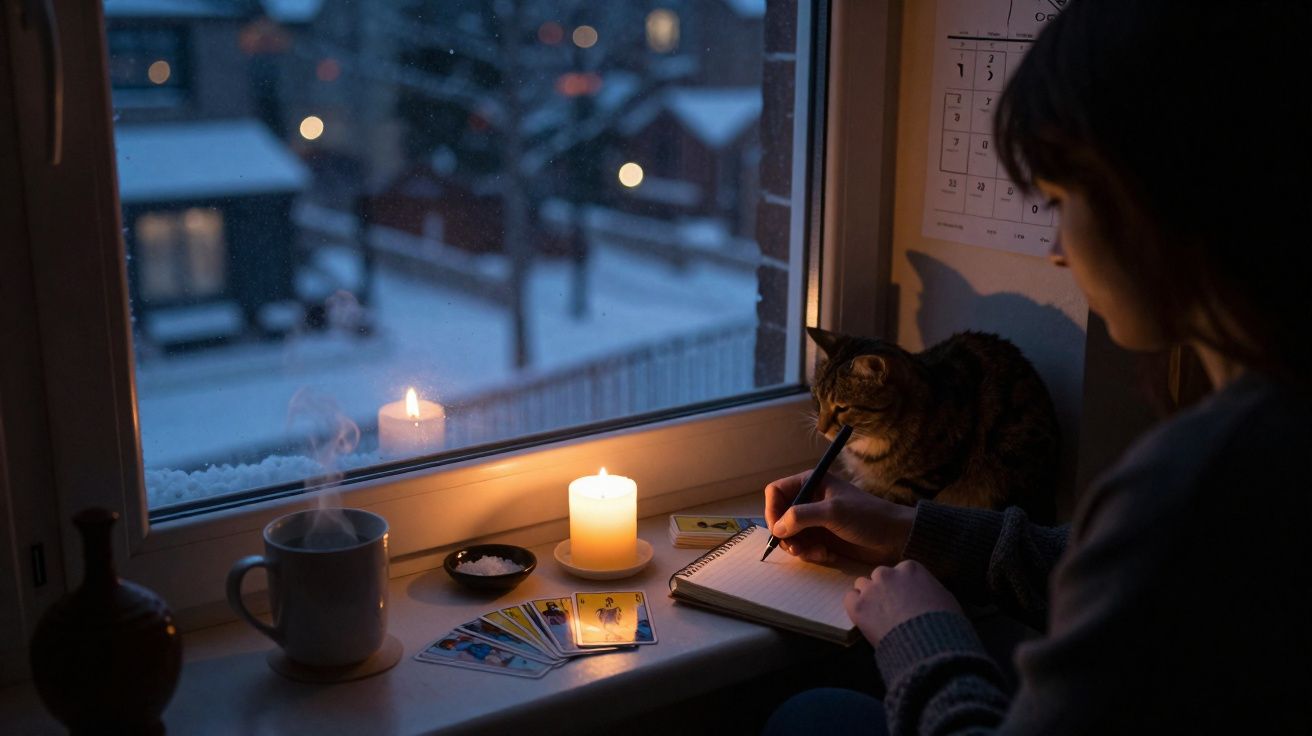 Pessoa a escrever num caderno junto à janela com gato, velas acesas e cartas de tarô numa noite fria.