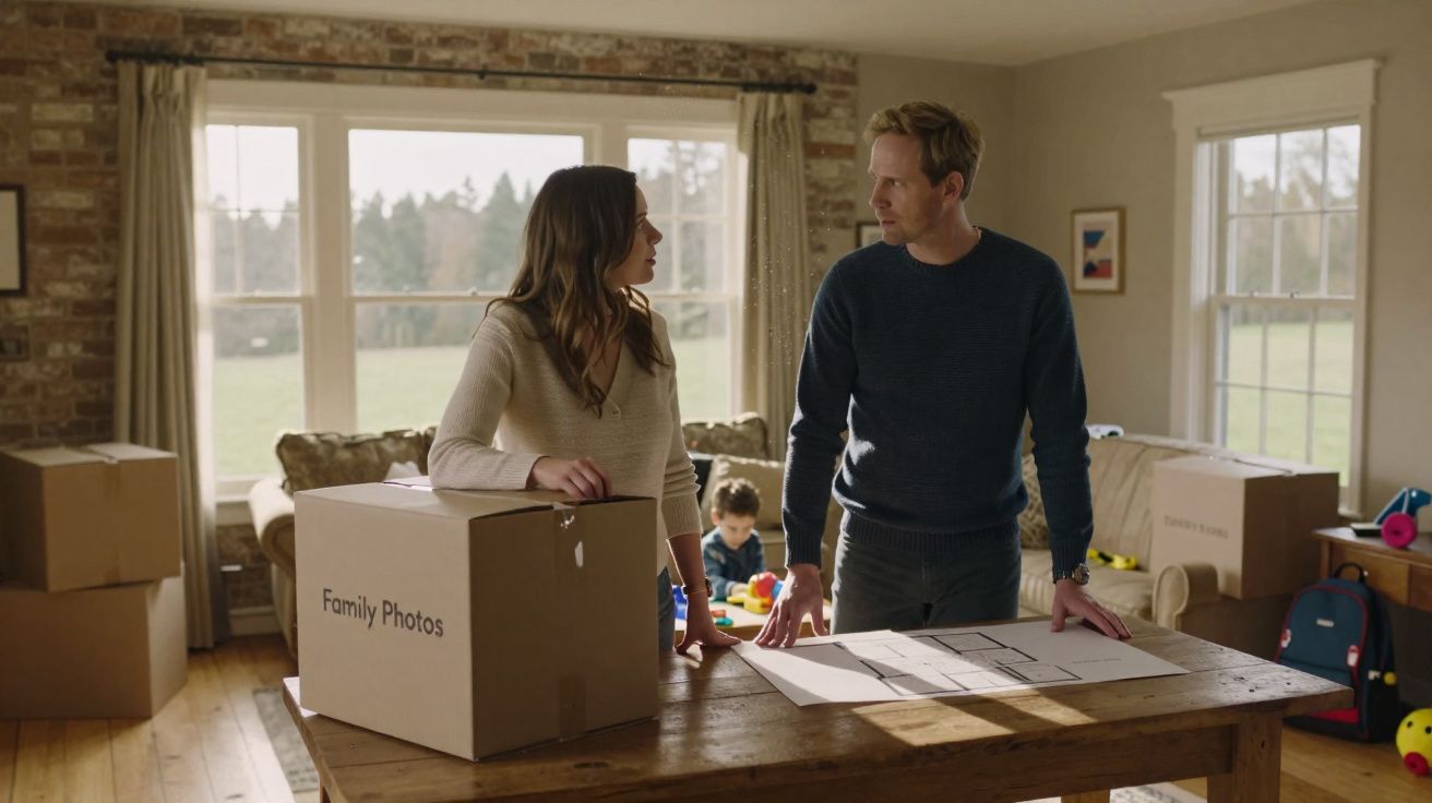 Casal a discutir planos numa casa com caixas de mudanças e criança a brincar ao fundo.