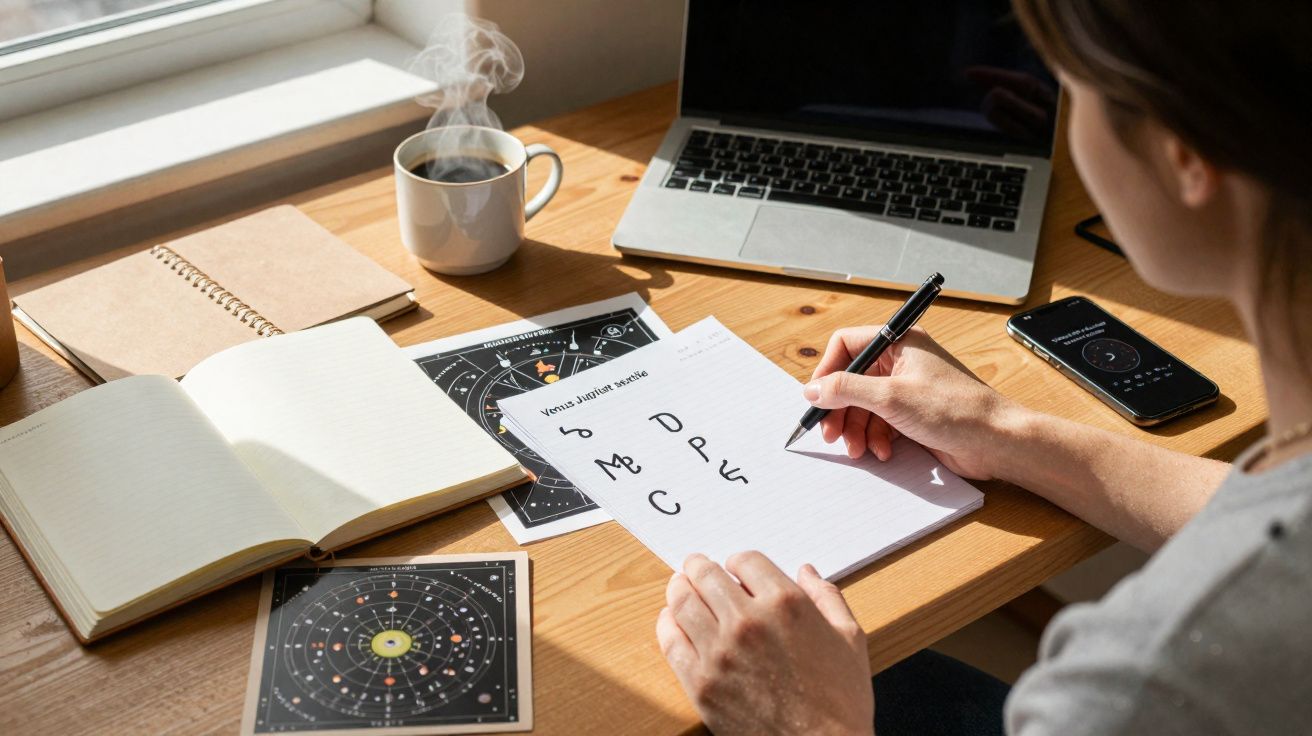 Pessoa a escrever símbolos numa folha com laptop, cadernos, telemóvel e chá quente numa mesa de madeira.