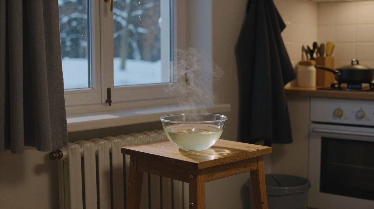 Tigela de vidro com água quente a libertar vapor sobre um banco de madeira numa cozinha junto à janela.