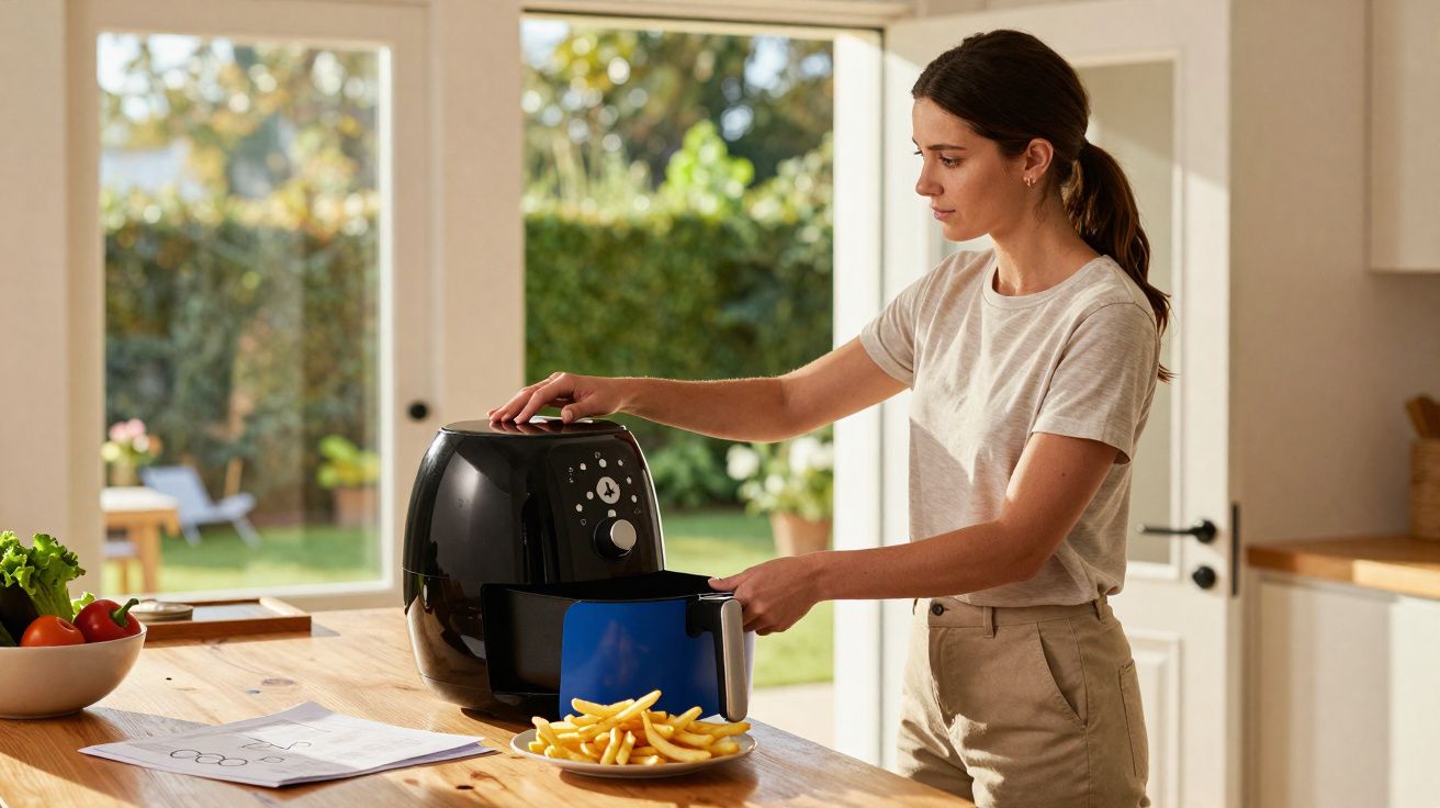 Mulher a utilizar uma fritadeira elétrica preta na cozinha com batatas fritas num prato à frente.