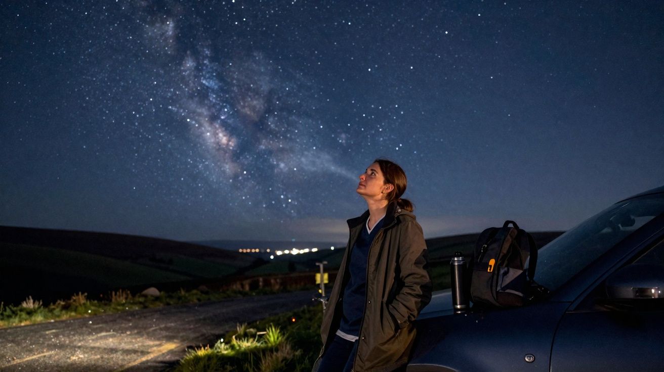 Mulher encostada a carro observa céu estrelado e via láctea numa noite clara no campo.