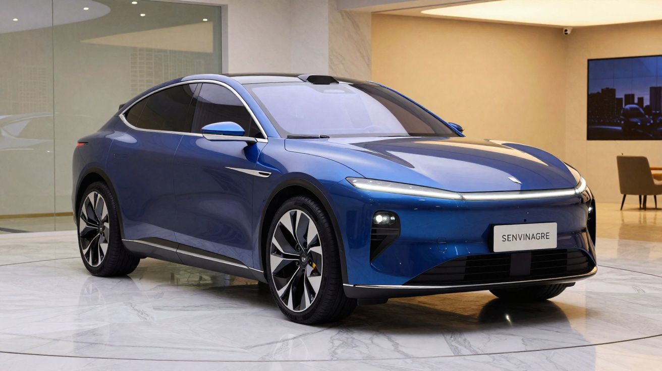 Carro elétrico azul moderno exposto em ambiente interior elegante com chão de mármore.