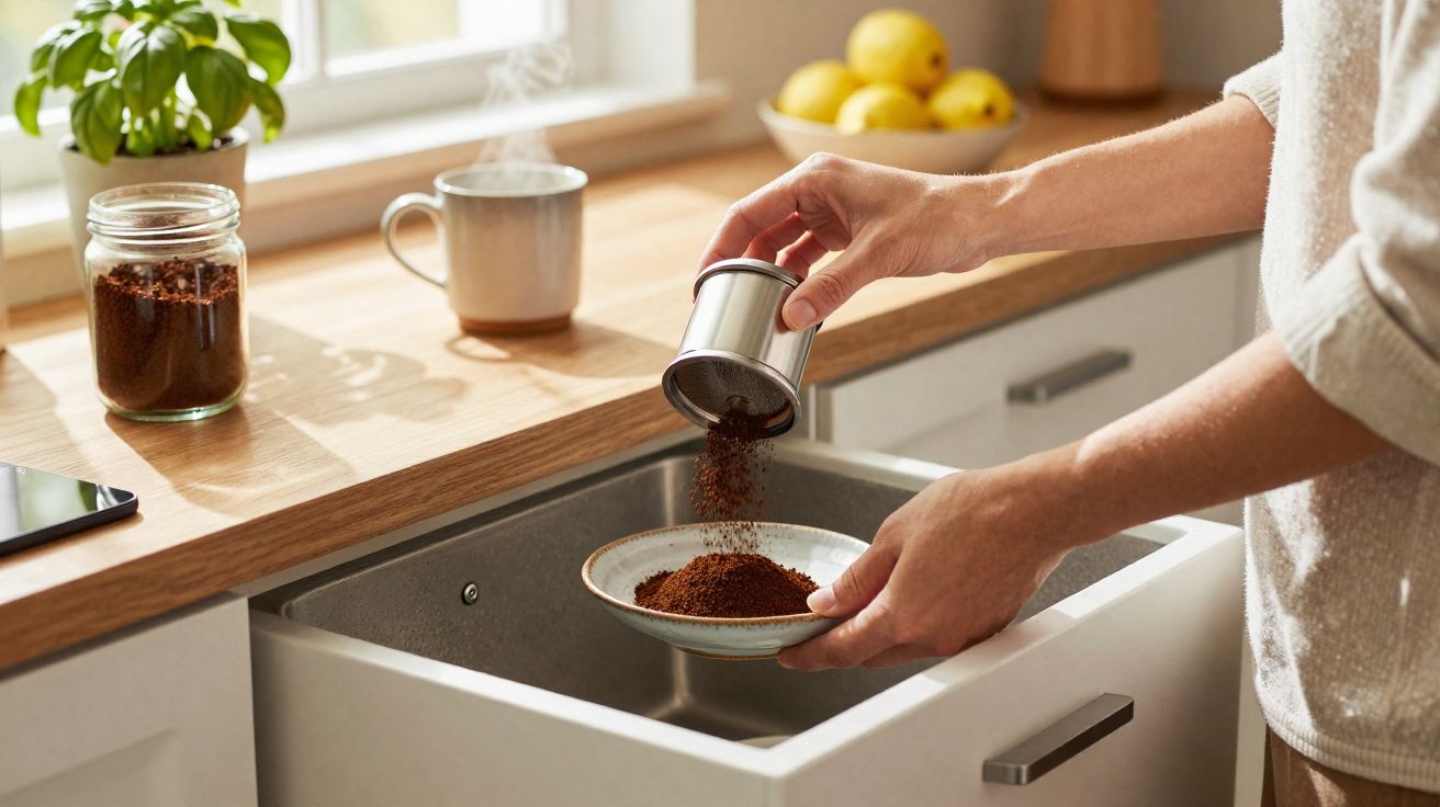 Pessoa a despejar borras de café num recipiente sobre uma pia de cozinha iluminada pela janela.