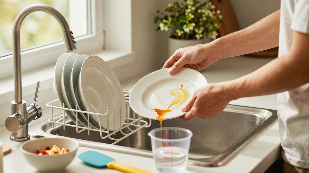 Pessoa a lavar um prato com molho num lava-loiças de cozinha moderna junto a janela.
