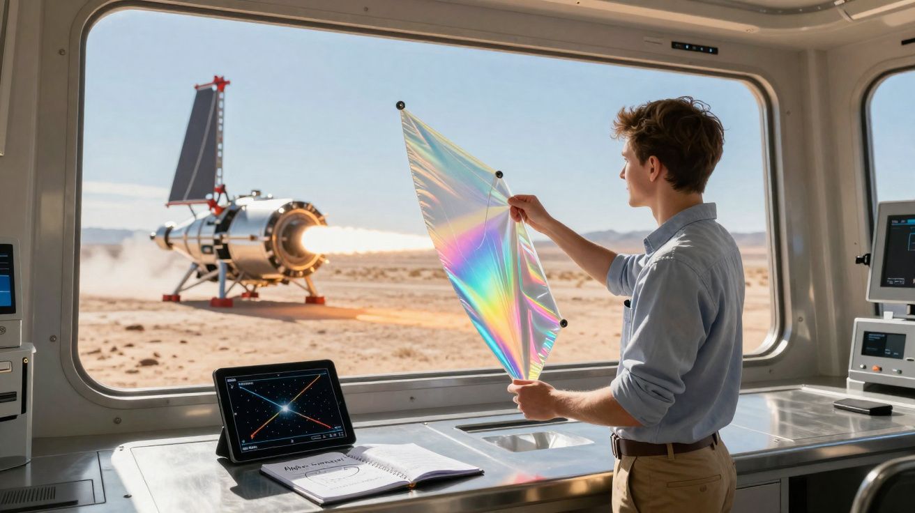 Homem observa lançamento de foguete enquanto segura material refletor colorido numa sala com janelas amplas.