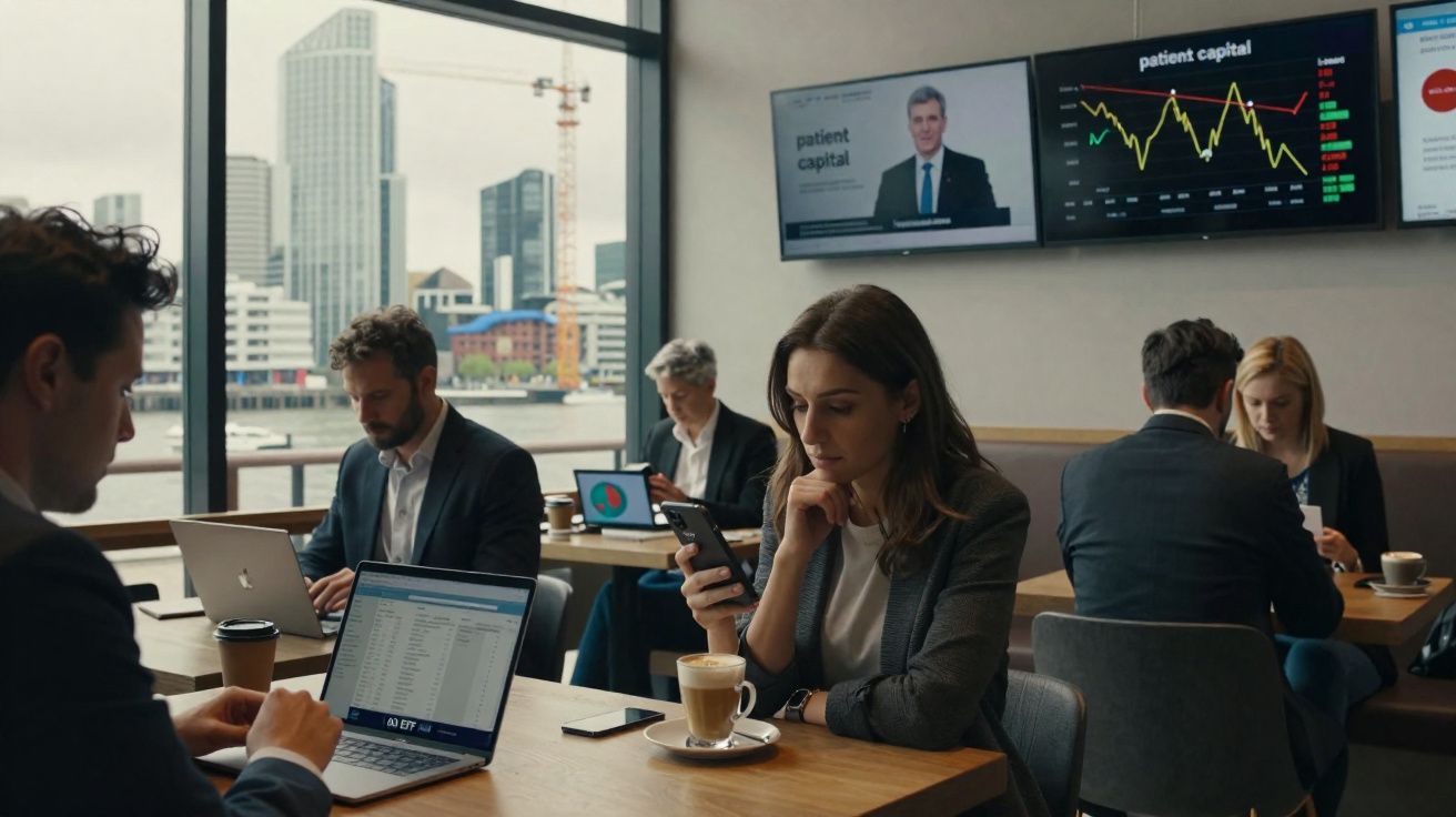 Pessoas a trabalhar em laptops e telemóveis num café moderno com vista para a cidade e ecrãs de gráficos na parede.