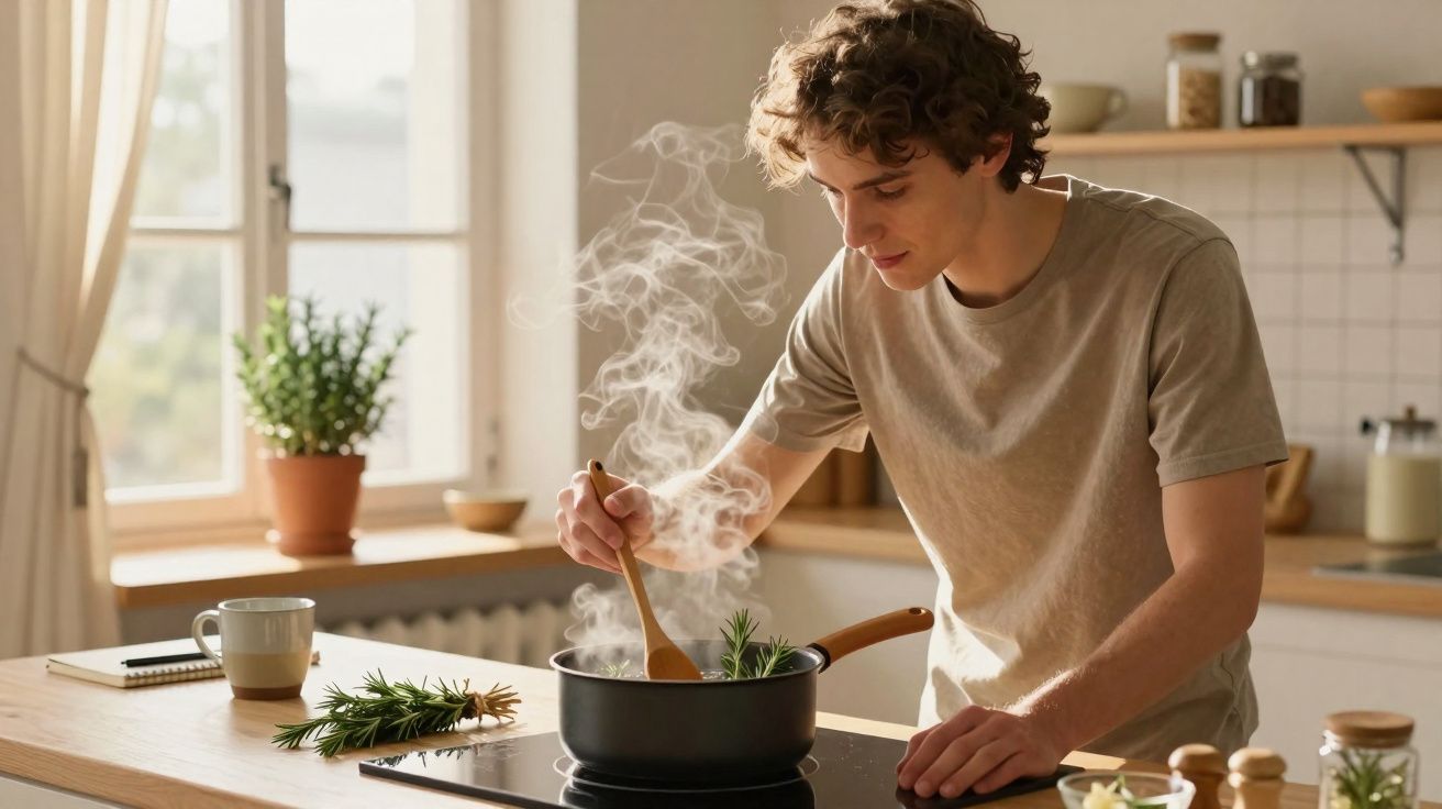 Jovem a cozinhar numa panela a ferver numa cozinha iluminada e acolhedora.