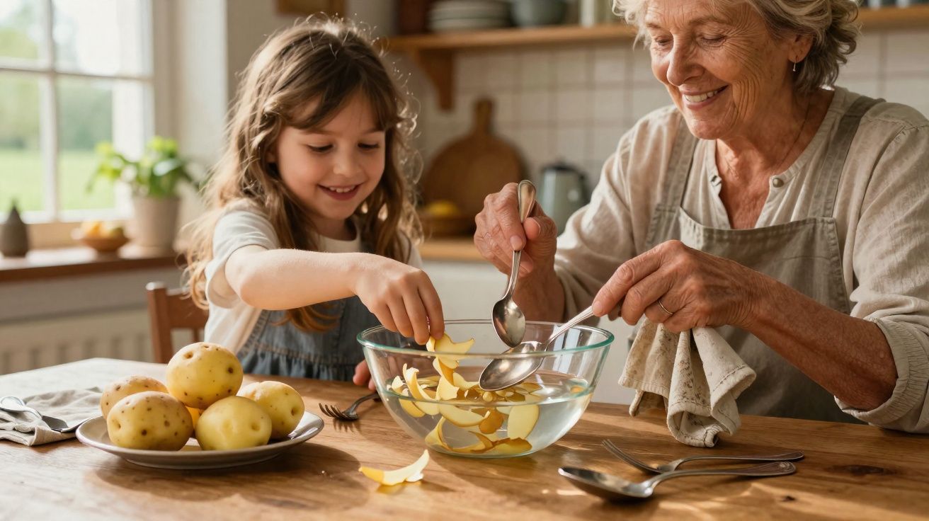 Avó e neta descascam batatas juntas numa cozinha acolhedora e iluminada.