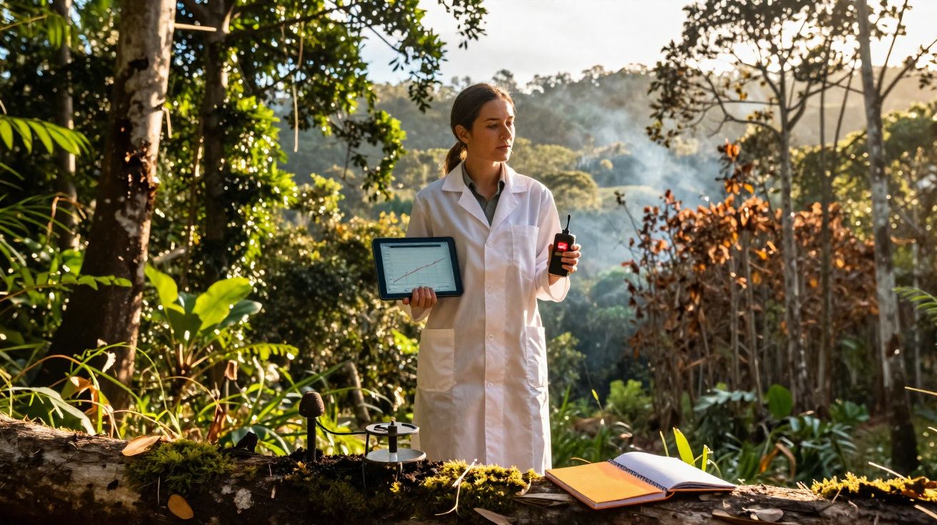 Mulher cientista com bata branca usa tablet e rádio em floresta para estudo ambiental.