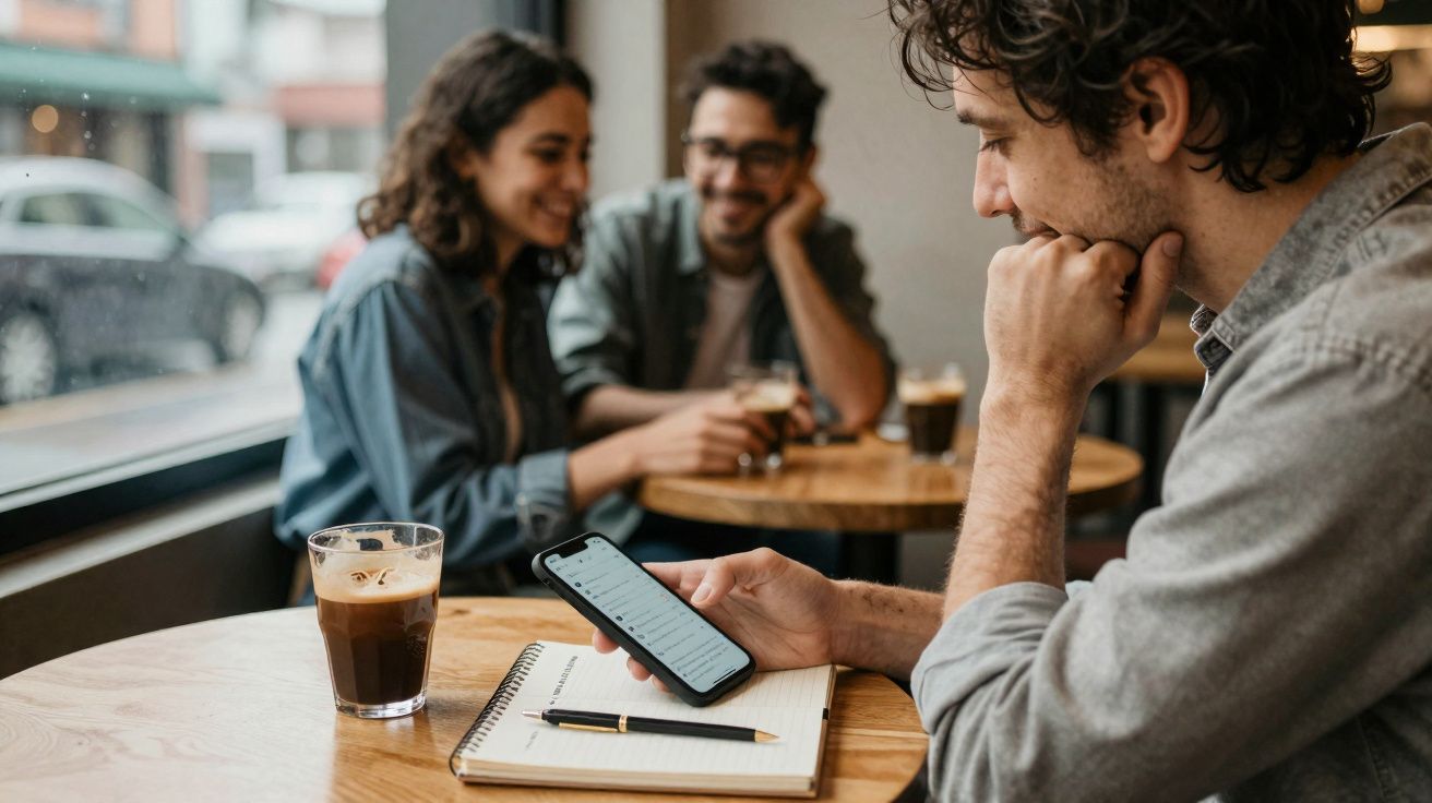 Homem a usar telemóvel junto a caderno e café, com casal a conversar ao fundo numa cafeteria.