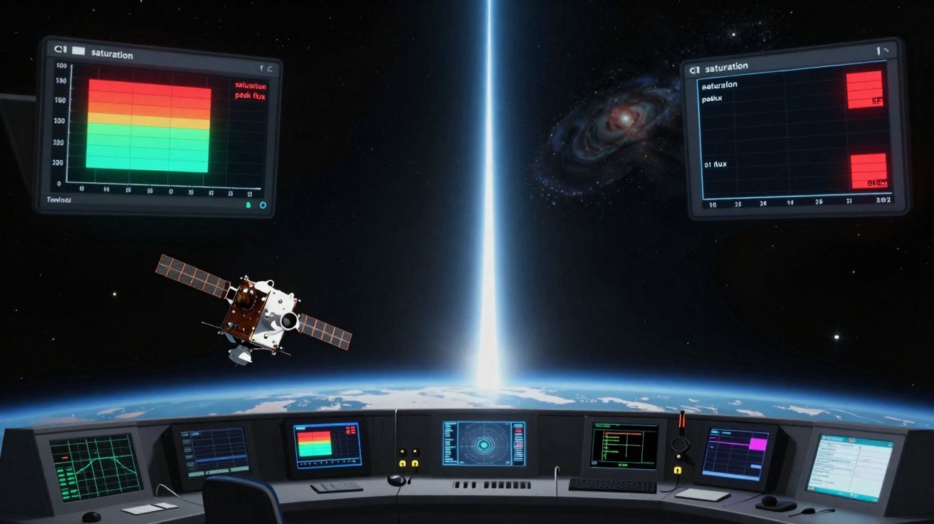 Interior de uma nave espacial com múltiplos ecrãs e um satélite visível sobre a Terra, com feixe de luz no espaço.