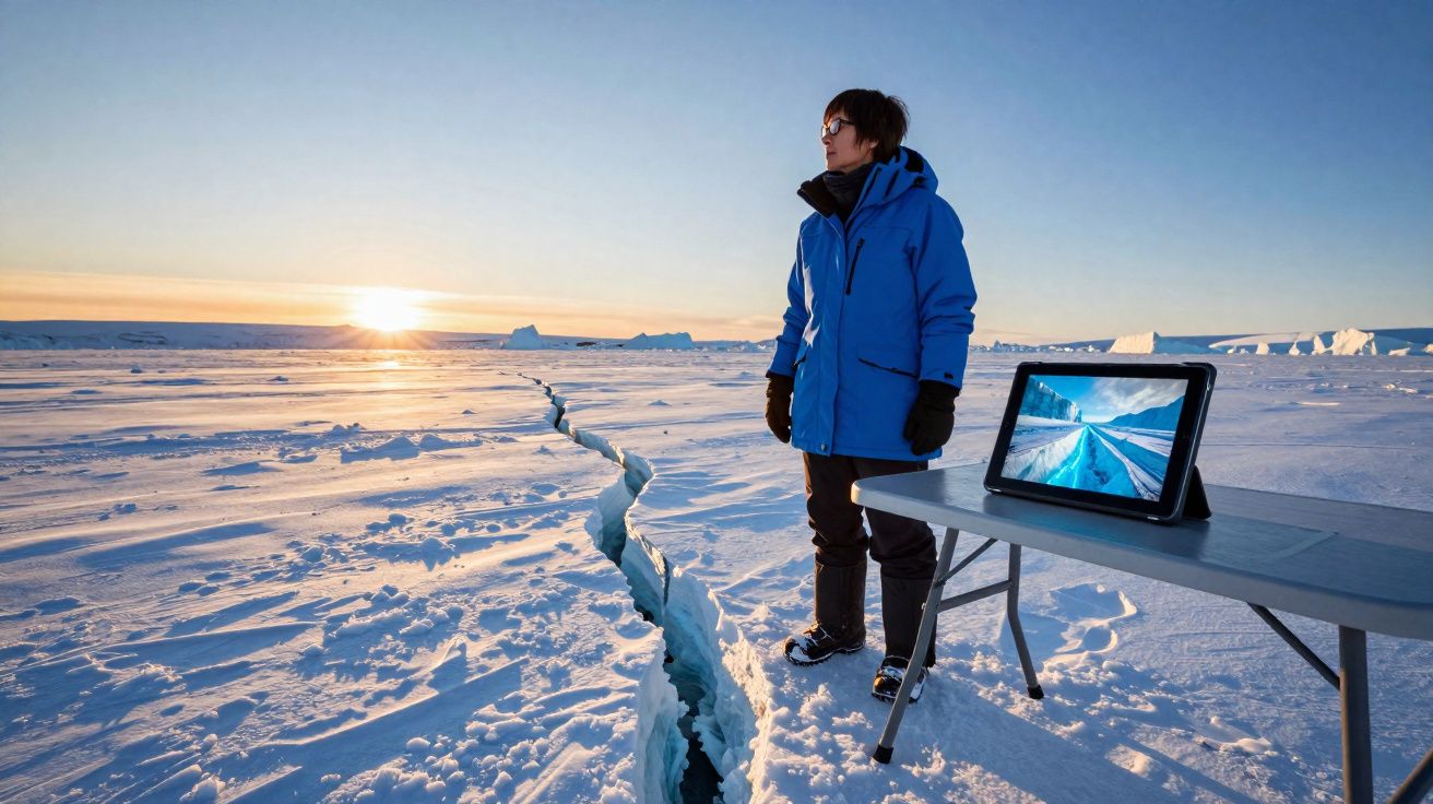 Pessoa com casaco azul observa fissura no gelo ao pôr do sol, com tablet numa mesa a mostrar estrada congelada.