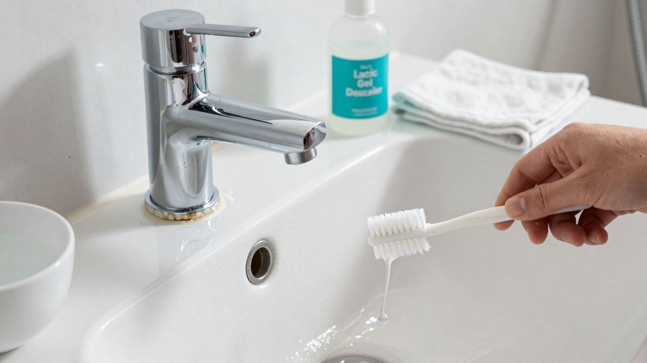 Mão a aplicar líquido desincrustante numa escova junto a uma torneira cromada numa pia branca.