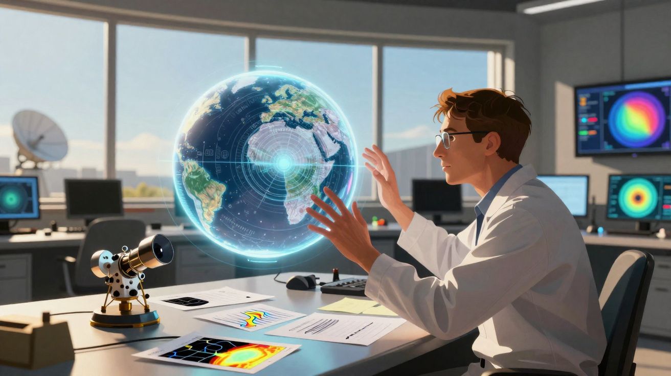 Cientista no laboratório a interagir com um globo terrestre holográfico flutuante e equipamentos tecnológicos.