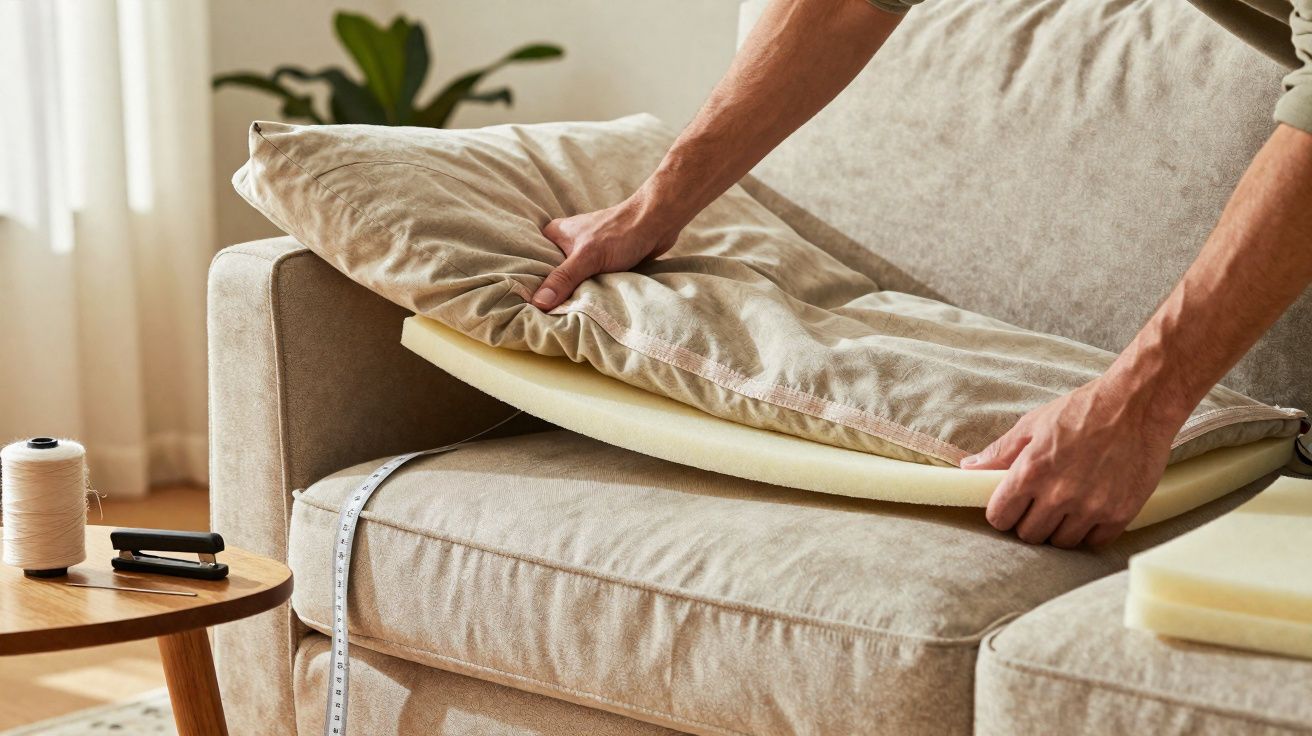 Pessoa a substituir espuma no almofadão de um sofá bege numa sala iluminada.