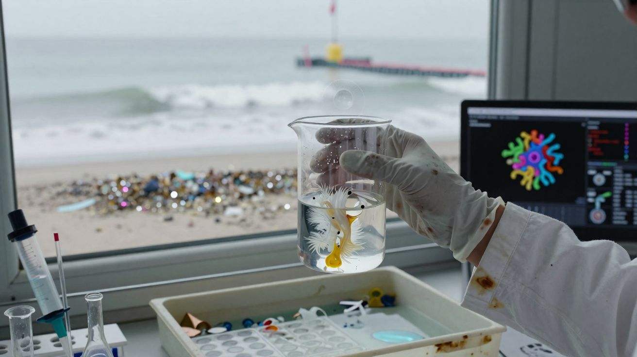Mão com luva segura béquer com líquido e óleos coloridos, janela com vista para praia e mar ao fundo.