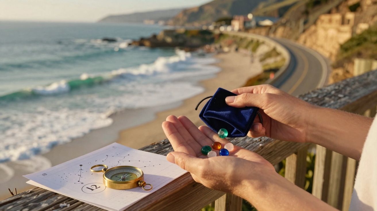 Mãos seguram pedras coloridas junto a bússola e mapa num miradouro com vista para a praia e estrada costeira.