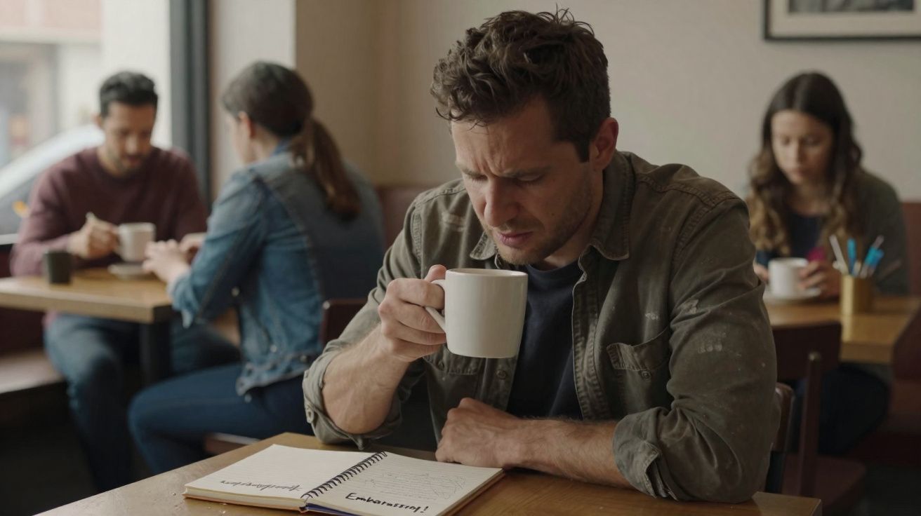 Homem pensativo com caneca na mão sentado à mesa com caderno aberto num café com outras pessoas ao fundo.