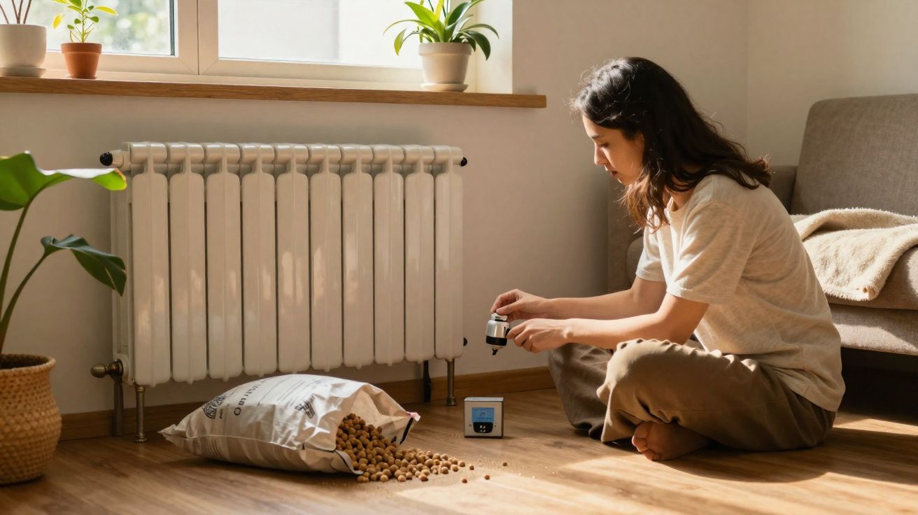Mulher sentada no chão ao lado de saco de pellets para aquecimento, ajustando termostato perto de radiador em sala iluminada.