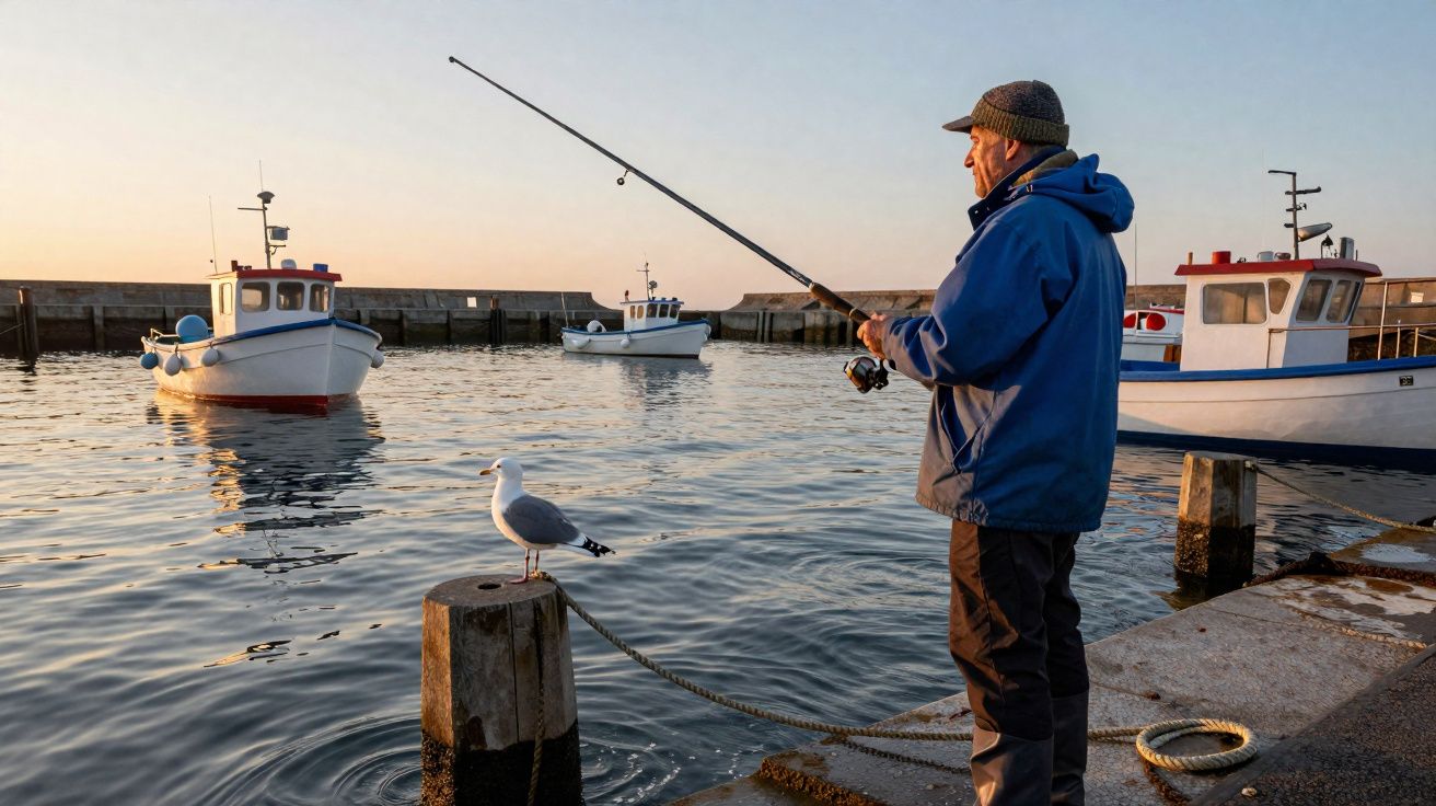 Homem a pescar num cais ao pôr do sol, com barcos de pesca e gaivota numa marina tranquila.