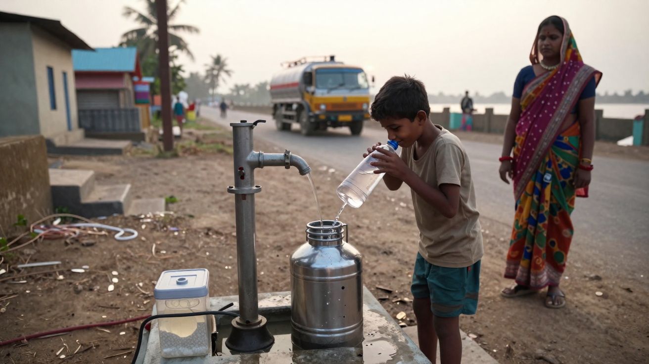 Menino enche garrafa com água numa bomba pública enquanto mulher observa numa estrada rural.