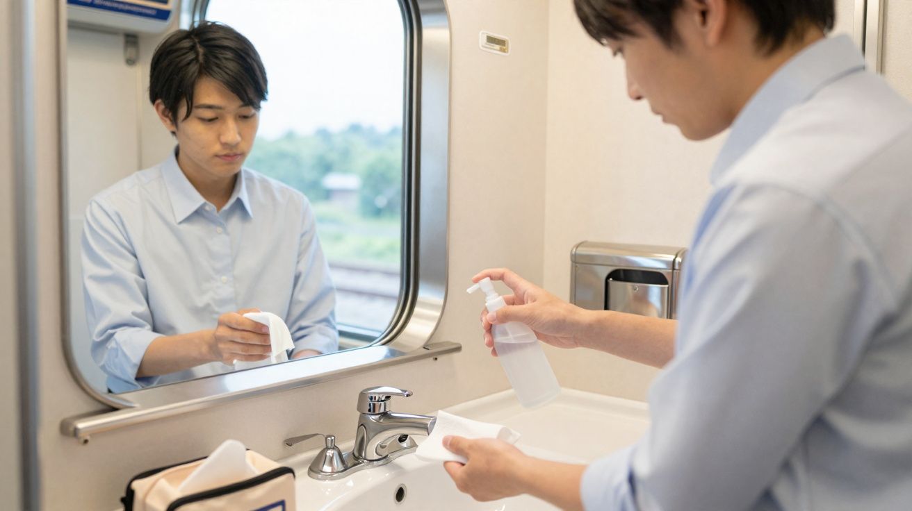 Homem a desinfetar as mãos com álcool gel numa casa de banho de comboio.