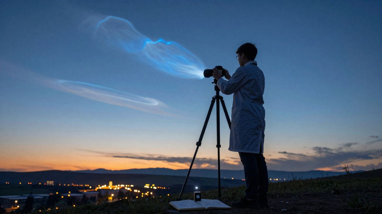 Pessoa com bata branca a fotografar um céu crepuscular, capturando um fenómeno luminoso azul.
