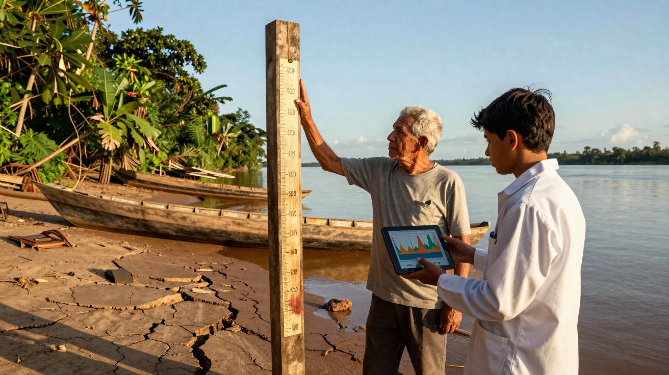 Homem idoso e jovem com tablet medem nível da água num rio junto a solo seco e rachado.