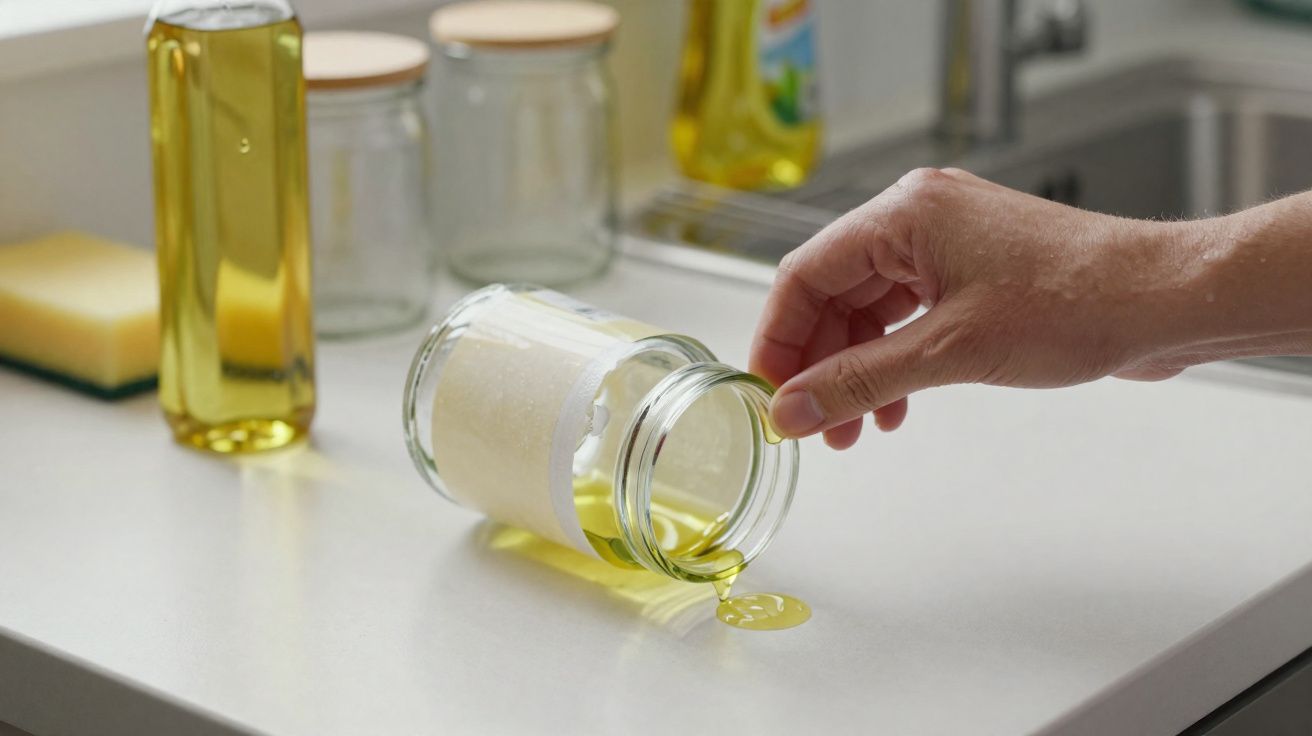 Mão a derramar óleo de um frasco de vidro sobre uma bancada branca de cozinha.